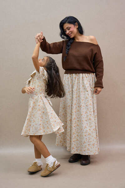 KÜÇÜĞÜM BUTİK Cream-Brown Balloon Skirt and Girl's Vintage Collar Flared Dress Mother-Daughter Combination (Sold as Single)