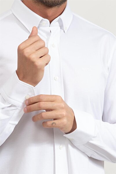 BOSS Erkek Marka Logolu Düğmeli Gömlek Yaka Uzun Kollu Mavi Gömlek 50469378-100