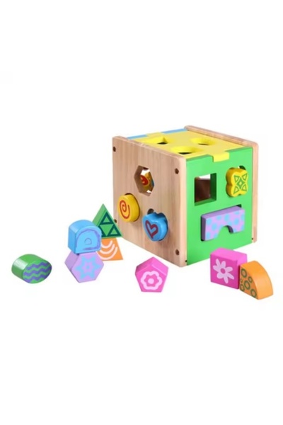 CREATIVE Cub educativ de sortare, forme și numere, pentru copii de 1 an+, din lemn, 15 x 15 cm, multicolor