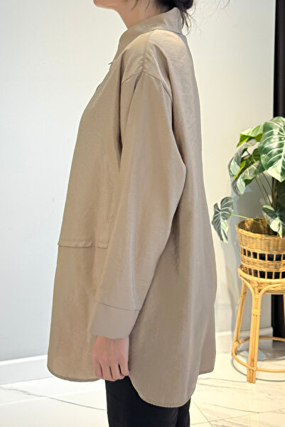 Ceremony Front Buttoned Long Tunic with Pocket Detail 6148 Beige