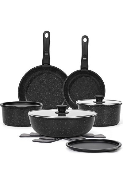 007 SODAY 15-Piece Nonstick Pots & Pans Set with Detachable Handle (Black)