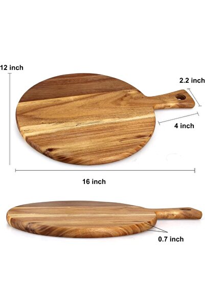 007 Ayiaren Acacia Wood Round Cutting Board with Handle, 40.6×30.5×1.8 cm