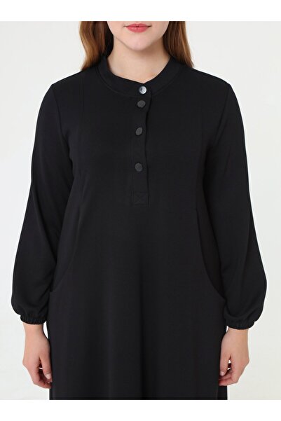 ALİA Yumuşak Tuşeli Çıtçıt Detaylı Büyük Beden Elbise - Siyah -