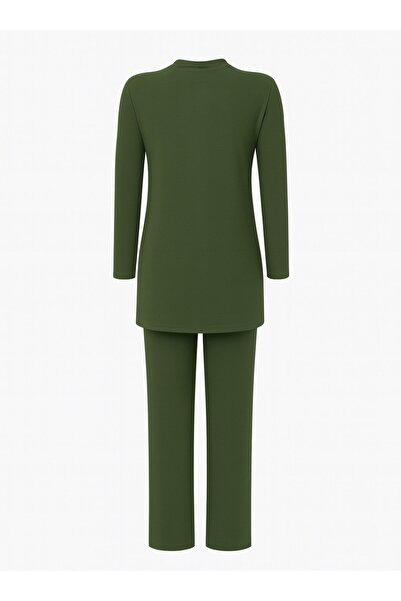 ALİA Önü Nervür Dikiş Detaylı Tunik&Pantolon Spor Büyük Beden Takım - Koyu Haki -