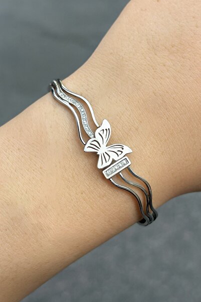 TAKIŞTIR Silver Color Butterfly Figured Steel Cuff Bracelet