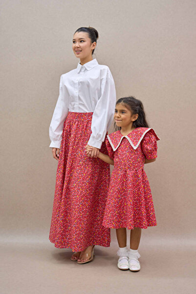 KÜÇÜĞÜM BUTİK Red Floral Balloon Skirt and Girl's Vintage Collar Dress Mother-Daughter Combination (Sold as a Single Item)