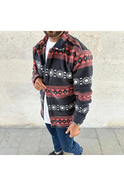 modaserdem Men's Patterned Fleece Shirt – Ethnic Stripe Pattern Collar, Long Sleeve, Buttoned, Oversized Raha