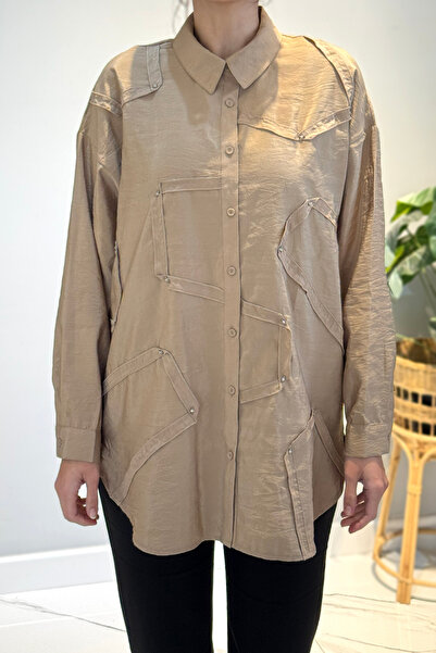 Ceremony Button Detailed Long Sleeve Decorative Stitched Shirt 6146 Mink