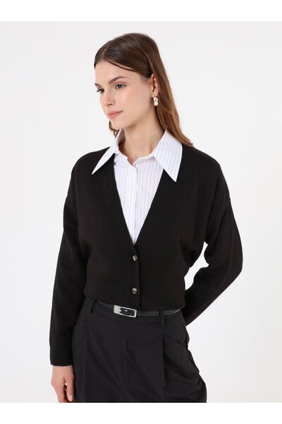 Refka V-Neck Bone Button Detailed Knitwear Cardigan - Black -