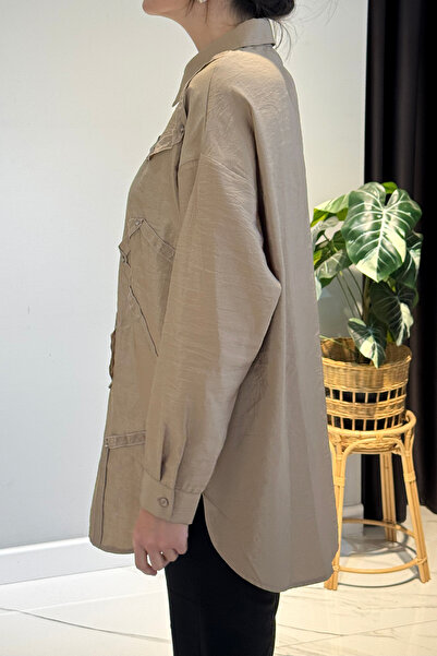 Ceremony Button Detailed Long Sleeve Decorative Stitched Shirt 6146 Mink