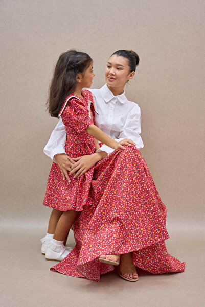 KÜÇÜĞÜM BUTİK Red Floral Balloon Skirt and Girl's Vintage Collar Dress Mother-Daughter Combination (Sold as a Single Item)
