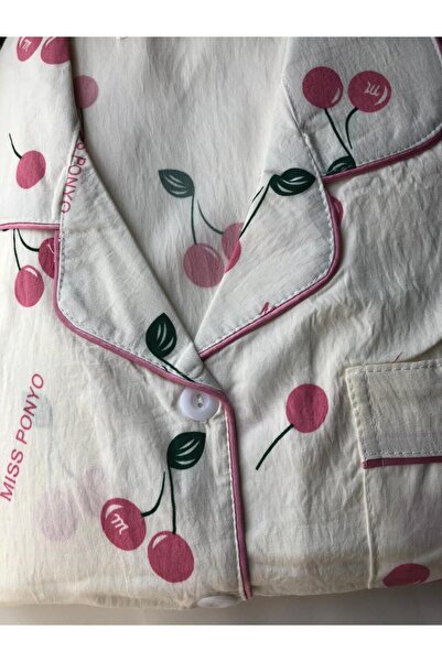 BORKA Women's 2-piece cherry print pajama set, made of synthetic cotton, Korean design, suitable for all seasons