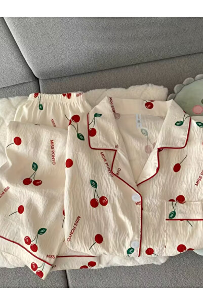 BORKA Women's 2-piece cherry print pajama set, made of synthetic cotton, Korean design, suitable for all seasons