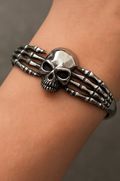 TAKIŞTIR Gümüş Renk Kurukafa Figürlü Erkek Çelik Kelepçe Bileklik