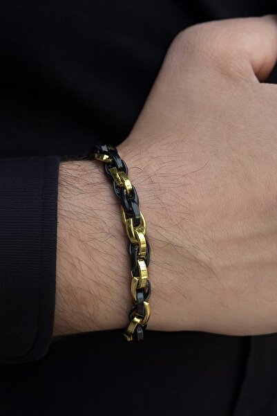TAKIŞTIR Black and Gold Color Chain Detailed Steel Men's Bracelet