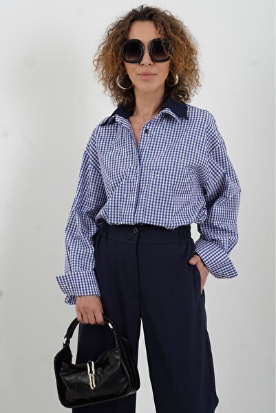 Zelish My Sister قميص أزرق داكن بياقة مزدوجة ونقشة حجرية