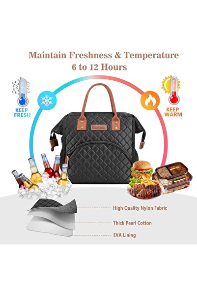 LoKass Insulated Lunch Bag Wide-Open Tote, Nylon Thermal Organizer, Black (Square)