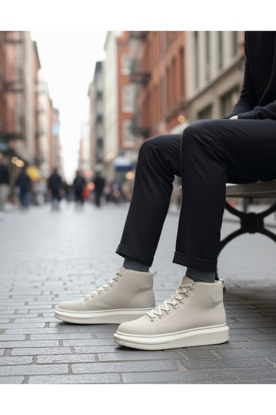 pabucmarketi Lace-Up Men's Sneaker Boots Beige Suede (Beige Sole)