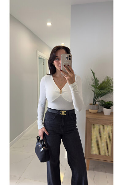 BİRCANÇİL Moste Ecru Blouse with Gold Buckle Detail on the Neck