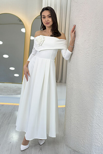 thezkscom Kadın Çıkarılabilir Çiçek Detay Madonna Yaka Midi Boy Elbise Bej, Bordo, Siyah, Kırmızı, Beyaz