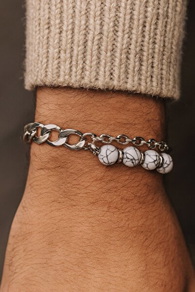 TAKIŞTIR Mixed Color Chain and Bead Detailed Steel Men's Bracelet