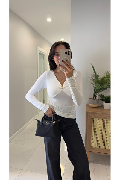 BİRCANÇİL Moste Ecru Blouse with Gold Buckle Detail on the Neck