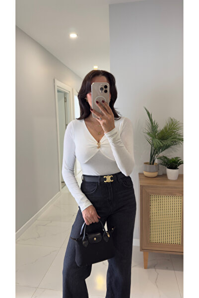 BİRCANÇİL Moste Ecru Blouse with Gold Buckle Detail on the Neck