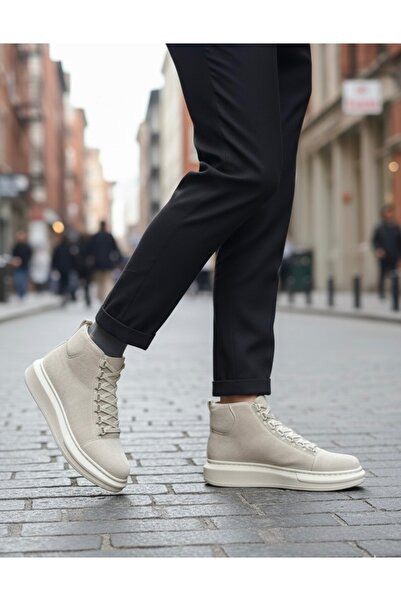 pabucmarketi Lace-Up Men's Sneaker Boots Beige Suede (Beige Sole)