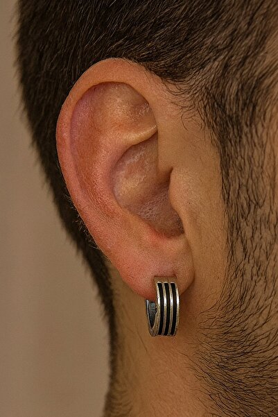 TAKIŞTIR Silver and Black Color Steel Men's Earrings (Pair)