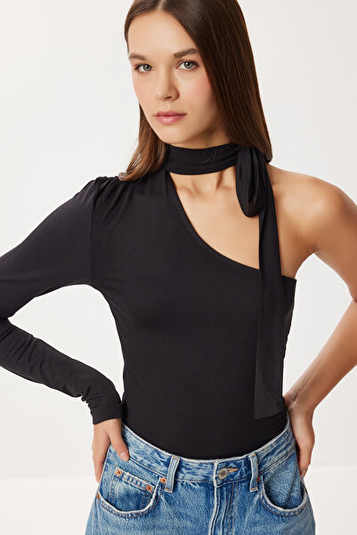 Lovelyİstanbul Asymmetrical Knitted Blouse with Scarf Lub0310 Black