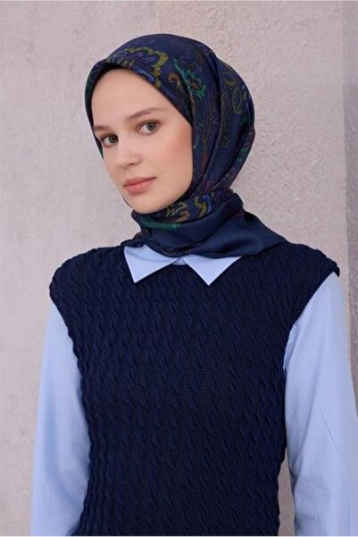 Belli Tivil Pure Silk Scarf 4207 - 80 Μπλε ναυτικό με λουλουδάτο σχέδιο