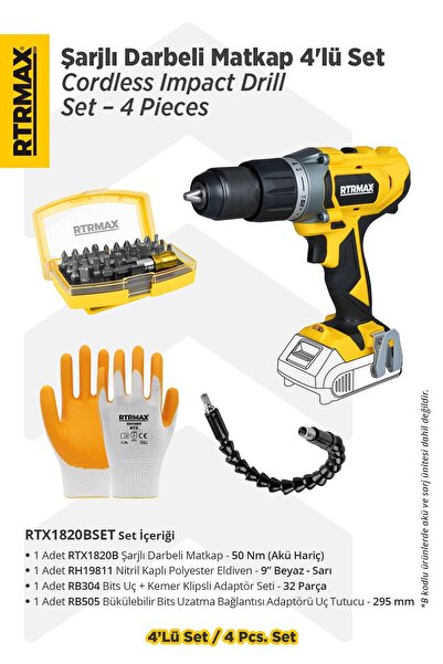 Rtrmax RTX1820BSET Şarjlı Darbeli Matkap 4'lü Set -Eldiven-Bits Uç + Kemer Klipsli Adaptör Seti-Uç Tutucu