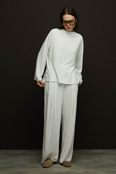 SENA GÜVEN Geniş Belli Bol Paça Pantolon Ekru