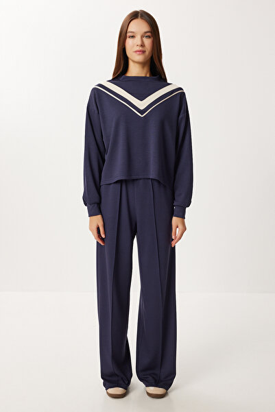 Lovelyİstanbul Contrast Stripe Modal Top and Bottom Set Lzv0037 Dark Blue