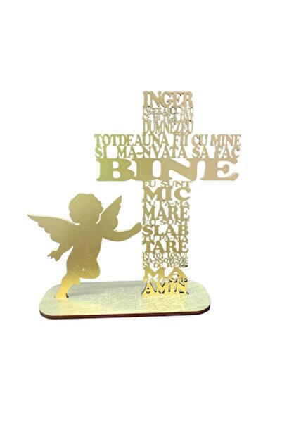 OEM Wooden cross with the prayer "Angel, my little angel", with HDF 4mm symbol, with stand, gold, 30cm
