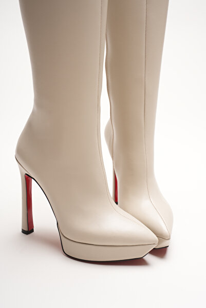 Ayakkabı Ateşi Γυναικείες μπότες με ψηλό τακούνι πλατφόρμας σχεδιαστών Carcie Beige Skin