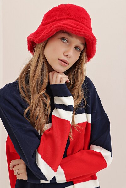 VAGGON Women's Red Soft Textured Plush Bucket Hat Prmx2419