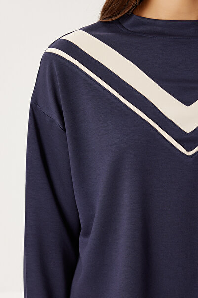 Lovelyİstanbul Contrast Stripe Modal Top and Bottom Set Lzv0037 Dark Blue