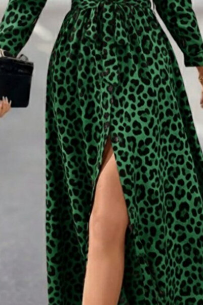 Viyamo Yeni Sezon Kadın Leopar Desenli Kuşaklı Modal Uzun Elbise Yakalı Uzun Kollu
