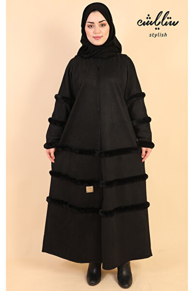 Stylish عباية شتوية نواعم شامواه ازرار باللون الاسود بكم كويتي