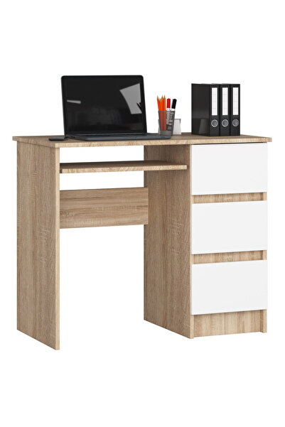 SERSIMO Birou de calculator cu 3 sertare și raft pentru tastatură, dreapta, 90x50x77 cm, stejar Sonoma și alb