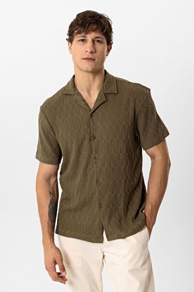 Back And Bond Haki Regular Fit Küba Yaka Örme Kısa Kollu Gömlek