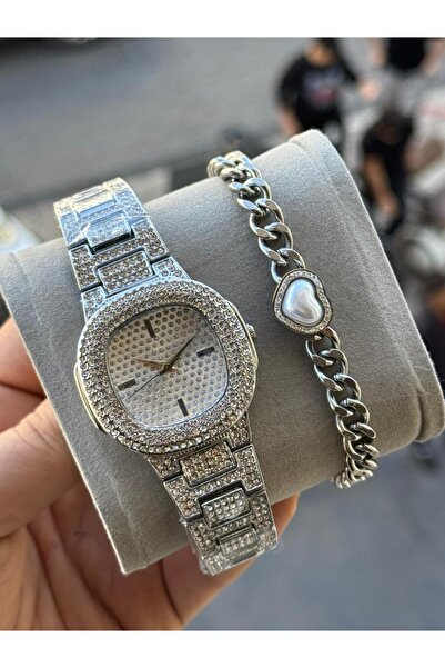 captiva Metal Kordonlu Taşlı Gümüş Renk Kadın Kol Saati Ve Çelik Bileklik