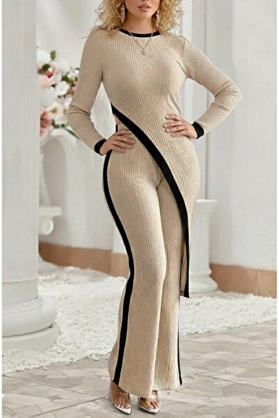 TUA MODA Tua Moda Women's Long Sleeve Crew Neck Asymmetrical Cut Blouse Fleece-Lined Ribbed Knit Blouse and Pants Two-Piece