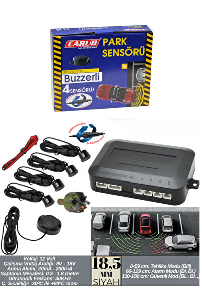 KAPOTO 18.5mm Ekranlı Sesli Park Sensörü 4 Lü Siyah Geri Vites Park Destek Sistemi Araç Park Sensörü Seti