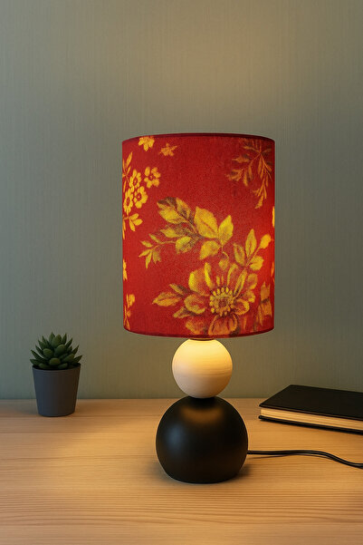 Natiorj Silindir Kırmızı Çiçekli Model Siyah Beyaz Top Detaylı Abajur Lüks Ma...