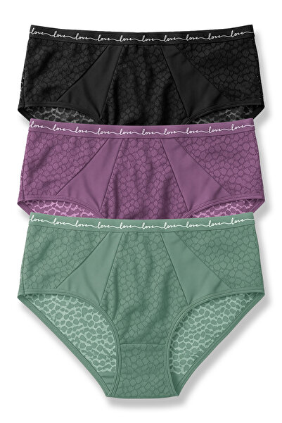 HNX 3-Pack Leopard Lace Tulle Detailed and Love Elastic High Waist Women's Panties