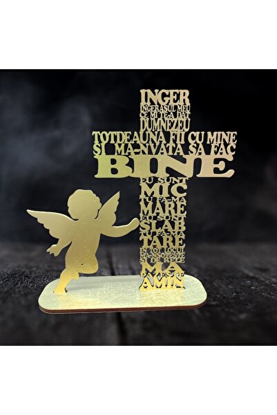 OEM Wooden cross with the prayer "Angel, my little angel", with HDF 4mm symbol, with stand, gold, 30cm