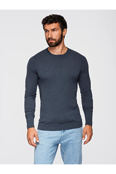 OMBRE Klasický pánský viskózový svetr BASIC s kulatým výstřihem - tmavě modrá melanž v16 OM-SWBS-0106