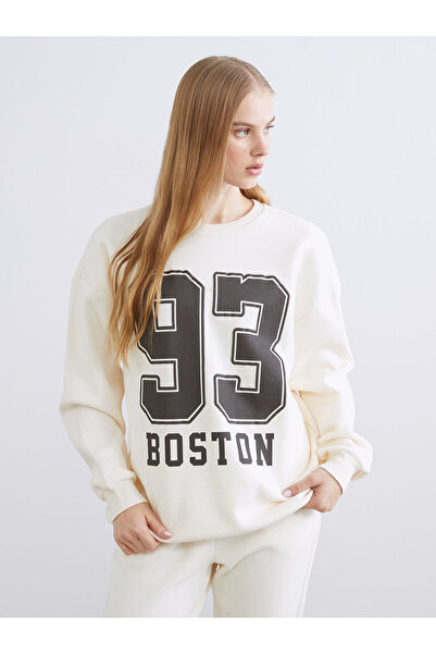 LC Waikiki Artı New Season Boston Printed Oversized Women's Thick Sweatshirt